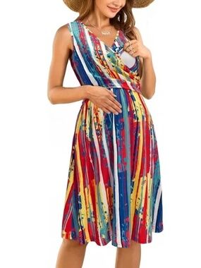 OUGES V-Neck Dress Sleeveless Maternity Nursing Gown Breastfeeding Postpartum